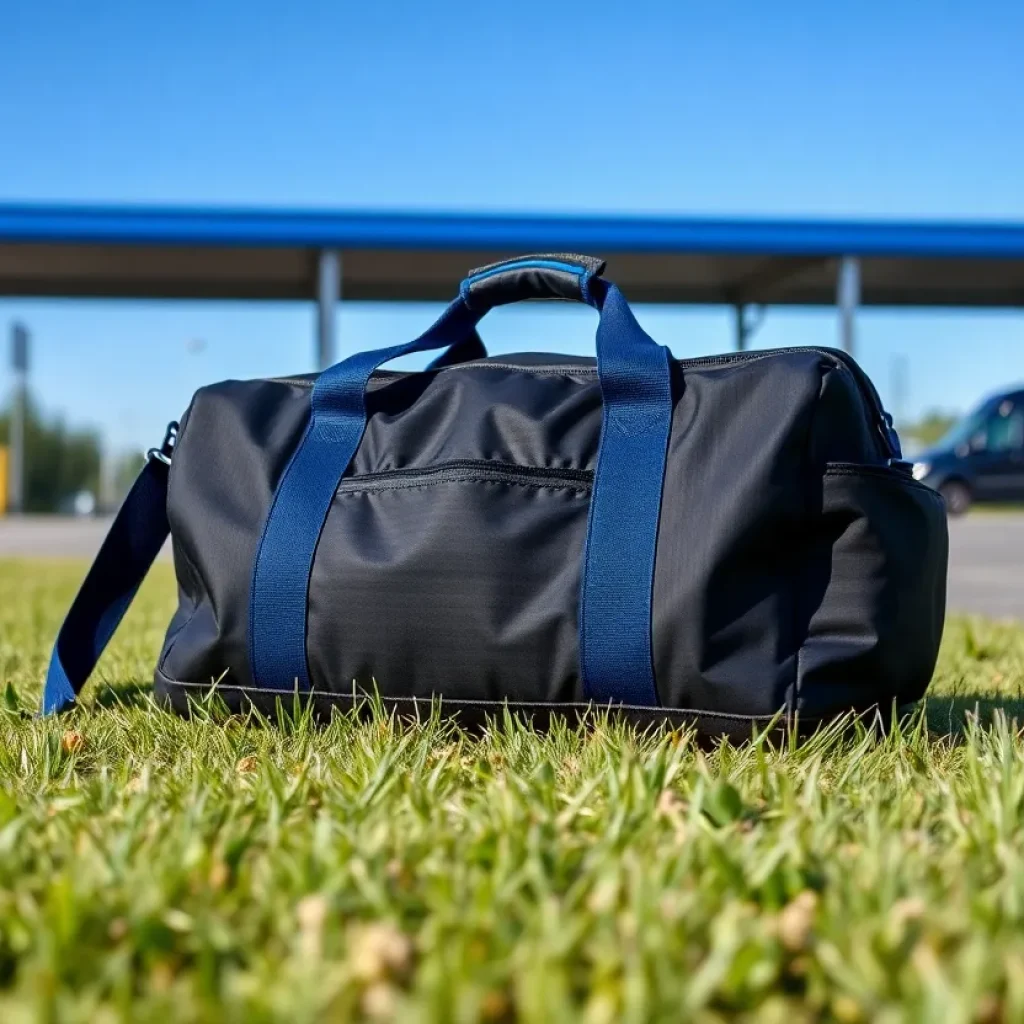 Black and blue duffle bag found at Ducky's Car Wash in Bryan