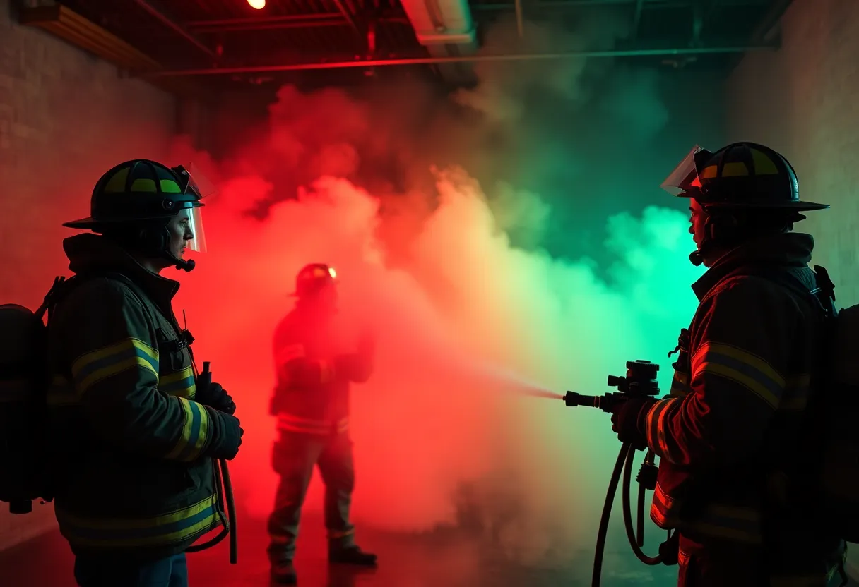 Firefighters conducting live fire training at a residential property.