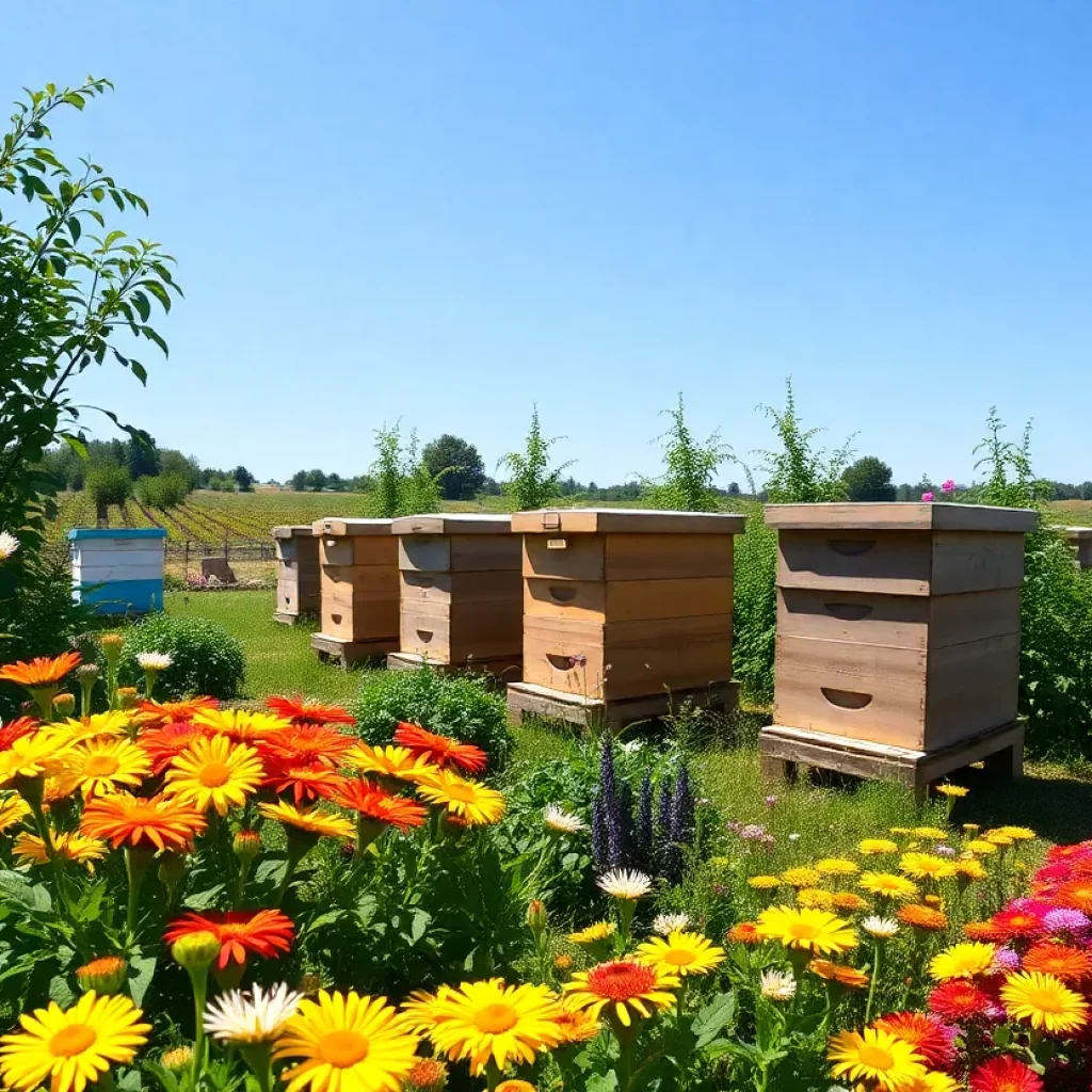 Organic farm in College Station with vibrant produce and beehives.