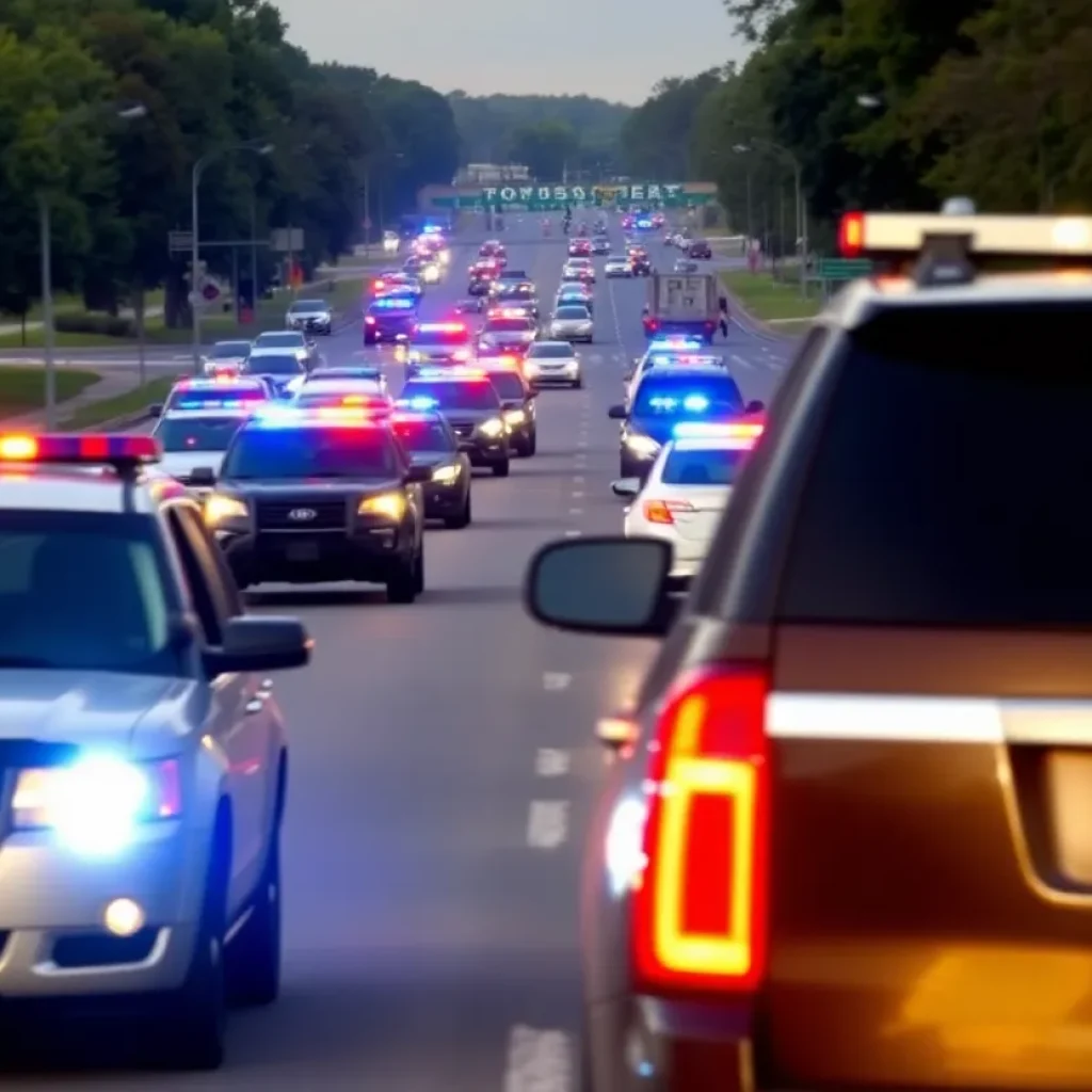 Dramatic police chase involving multiple cars on a suburban road