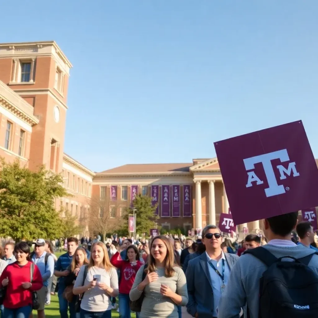 Texas A&M University campus buzzing with student election activities.