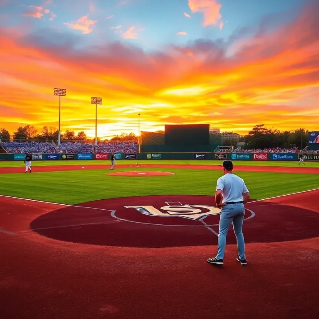 Texas A&M baseball players practicing on the field during sunset