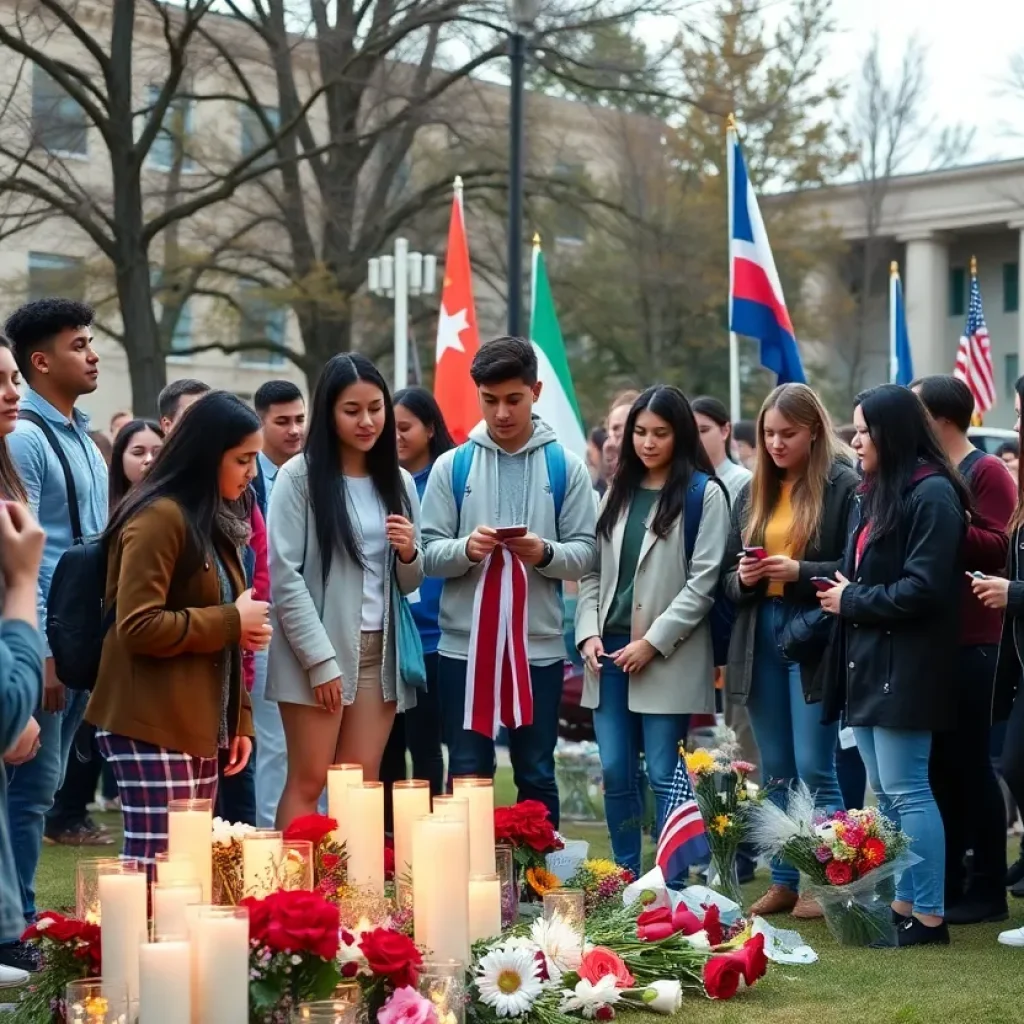 Students gathering at an Aggie Muster ceremony in remembrance.