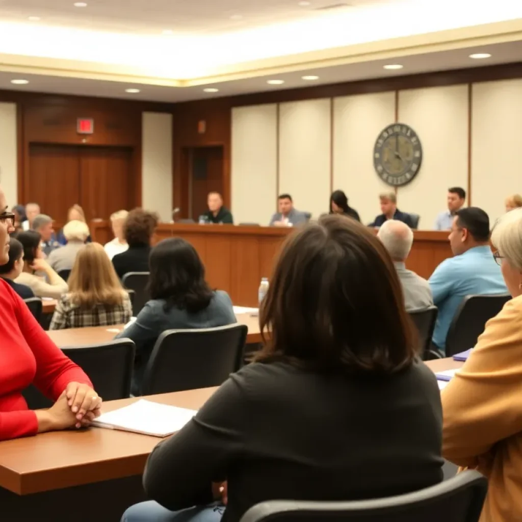 Diverse attendees at a Brazos County commission meeting discussing guardianship services