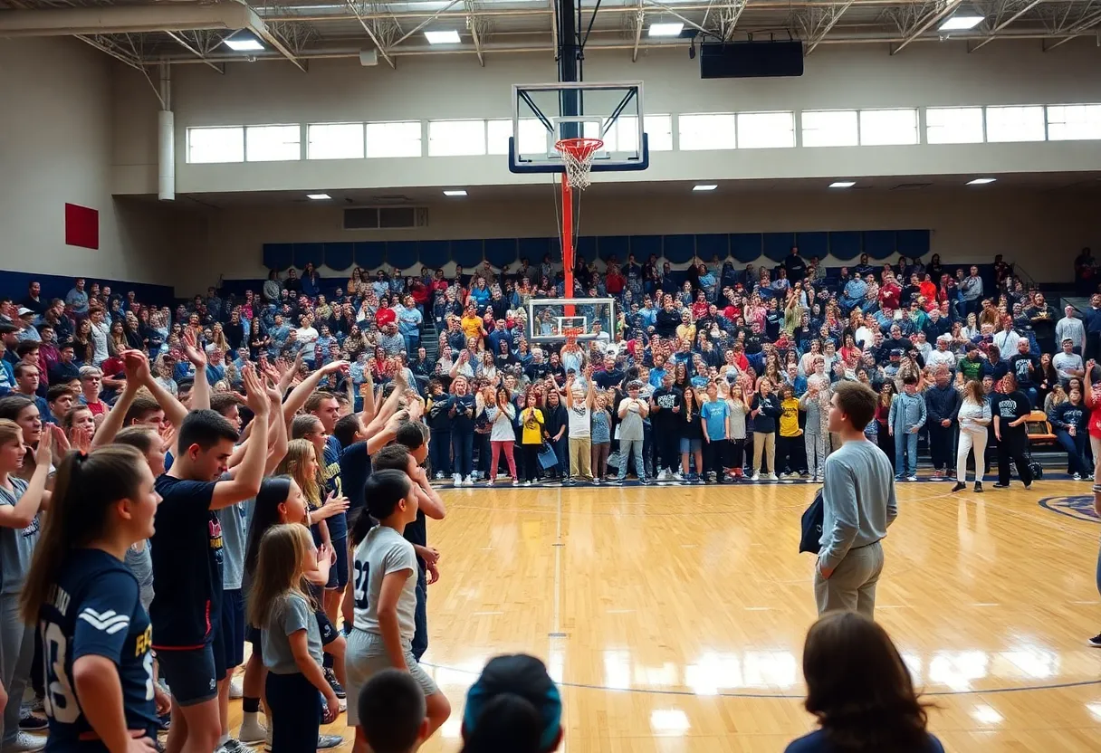 High school basketball court with players and fans showing excitement
