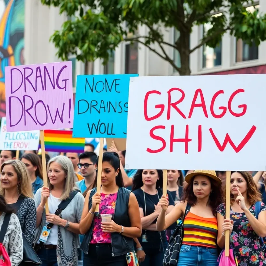 Participants at the drag protest in College Station holding colorful signs.