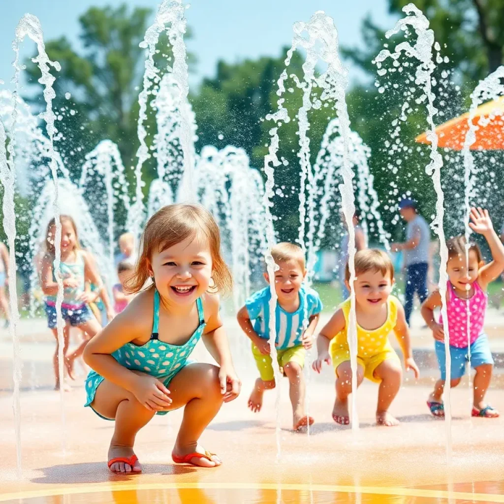 Kids playing in a splash pad splashing water