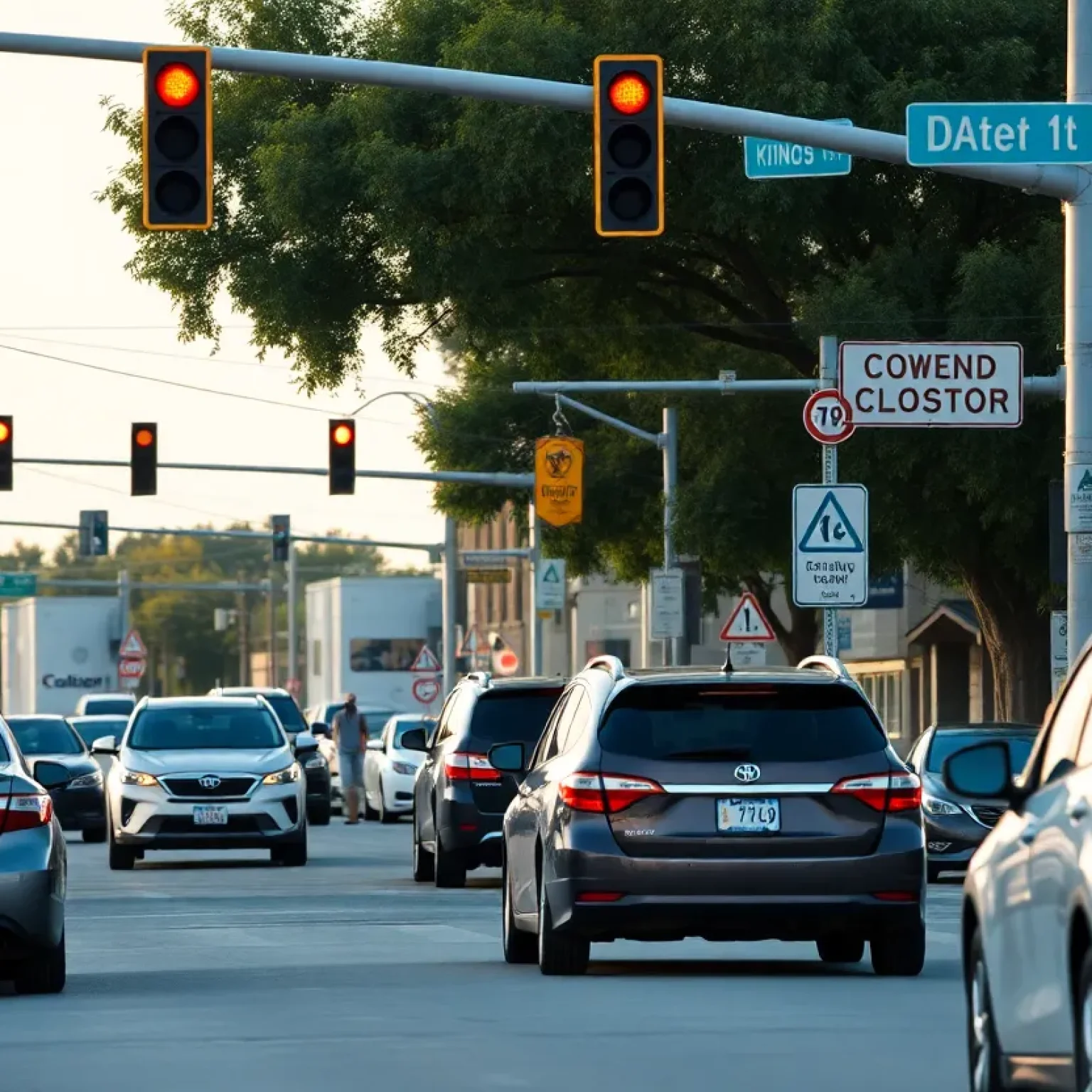 Heavy traffic at an intersection in College Station with road signs indicating closures.