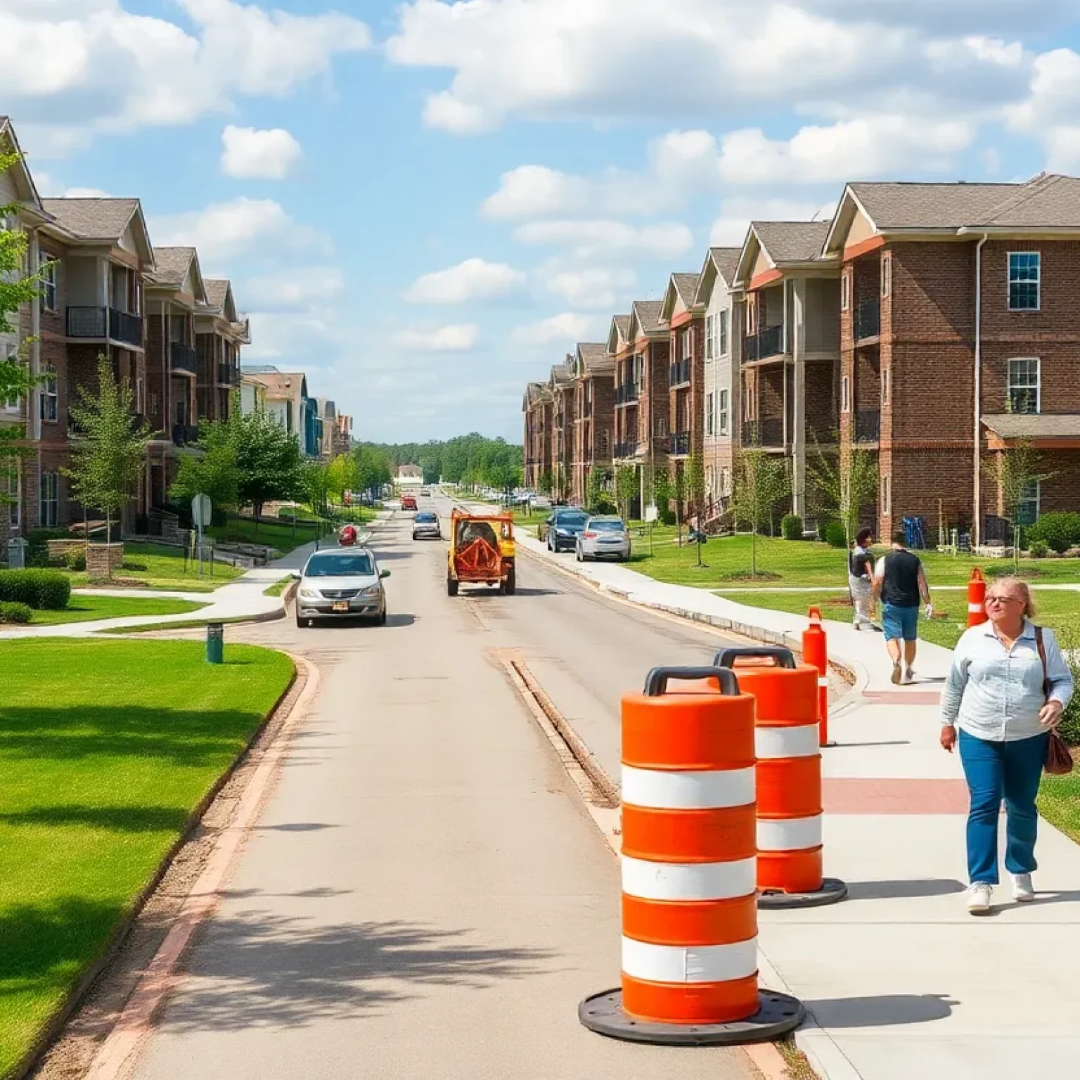 Vibrant community scene illustrating upgrades in Brazos County with roadwork, renovated apartments, and pedestrians on a new sidewalk.