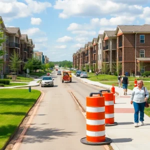 Vibrant community scene illustrating upgrades in Brazos County with roadwork, renovated apartments, and pedestrians on a new sidewalk.