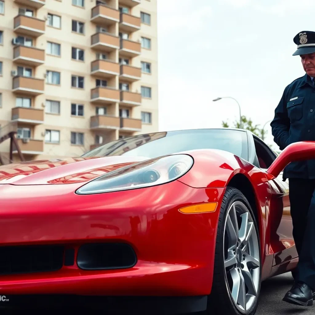 Police examining a red Corvette involved in a theft case