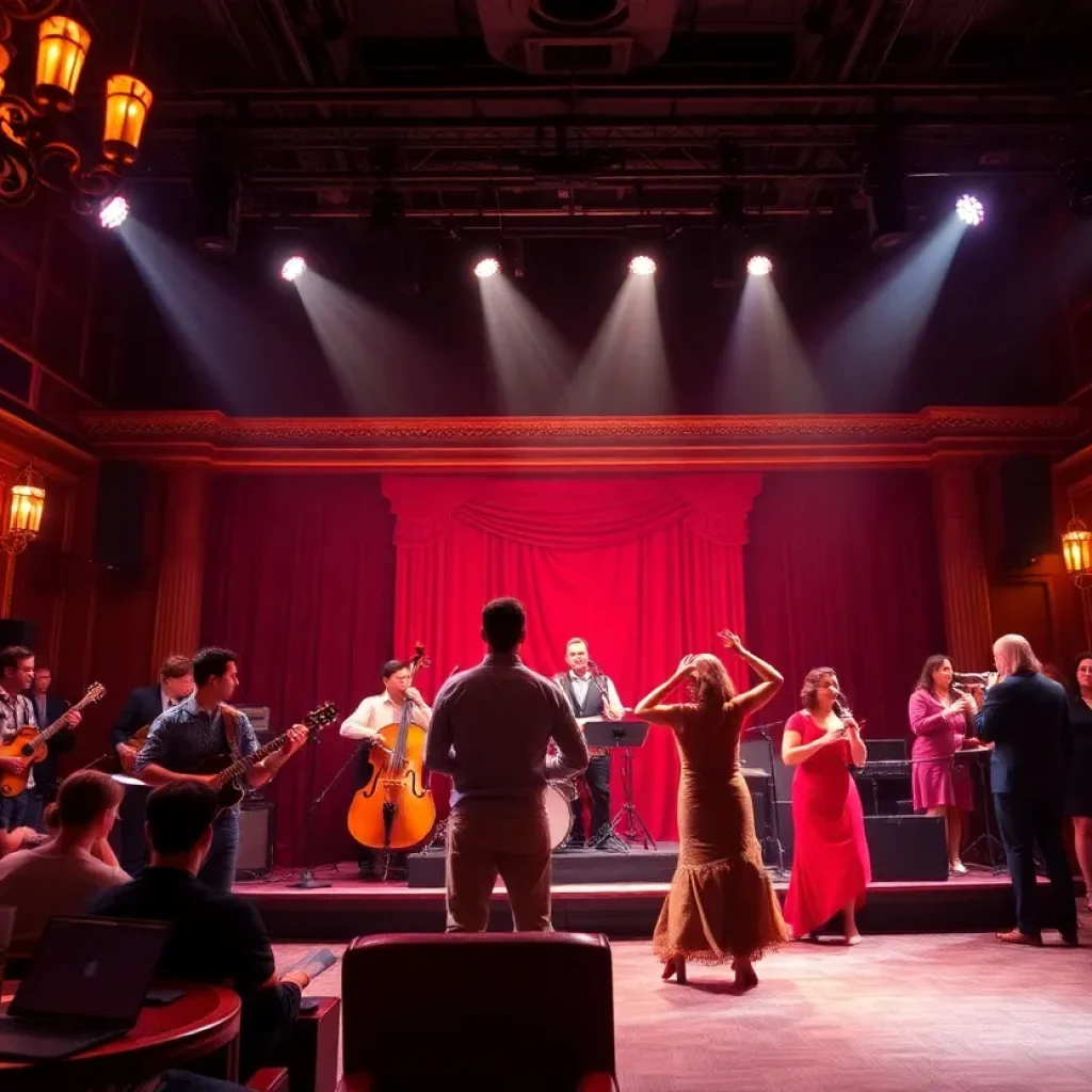 Cast performing in the musical Hadestown at Texas A&M's Rudder Auditorium