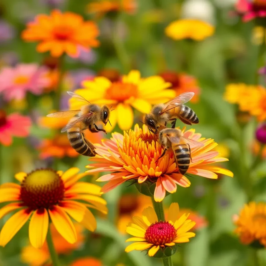 Honeybees pollinating flowers in a garden