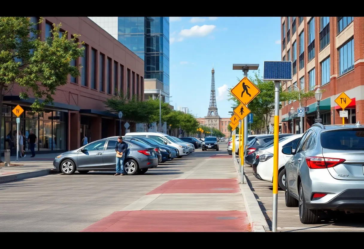 Downtown Bryan featuring solar-powered safety sticks and parked cars.