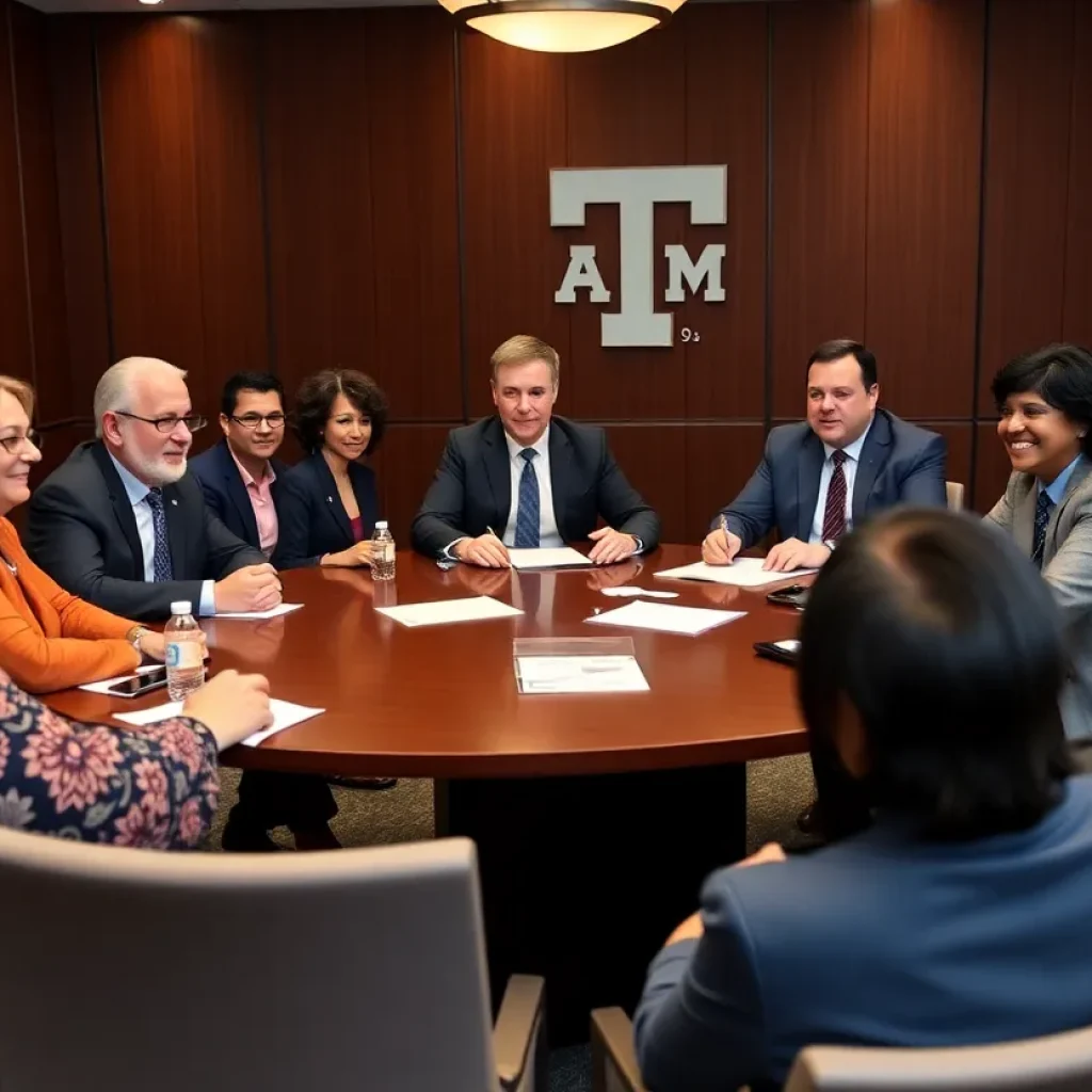 Board meeting at Texas A&M University with diverse members discussing policies.