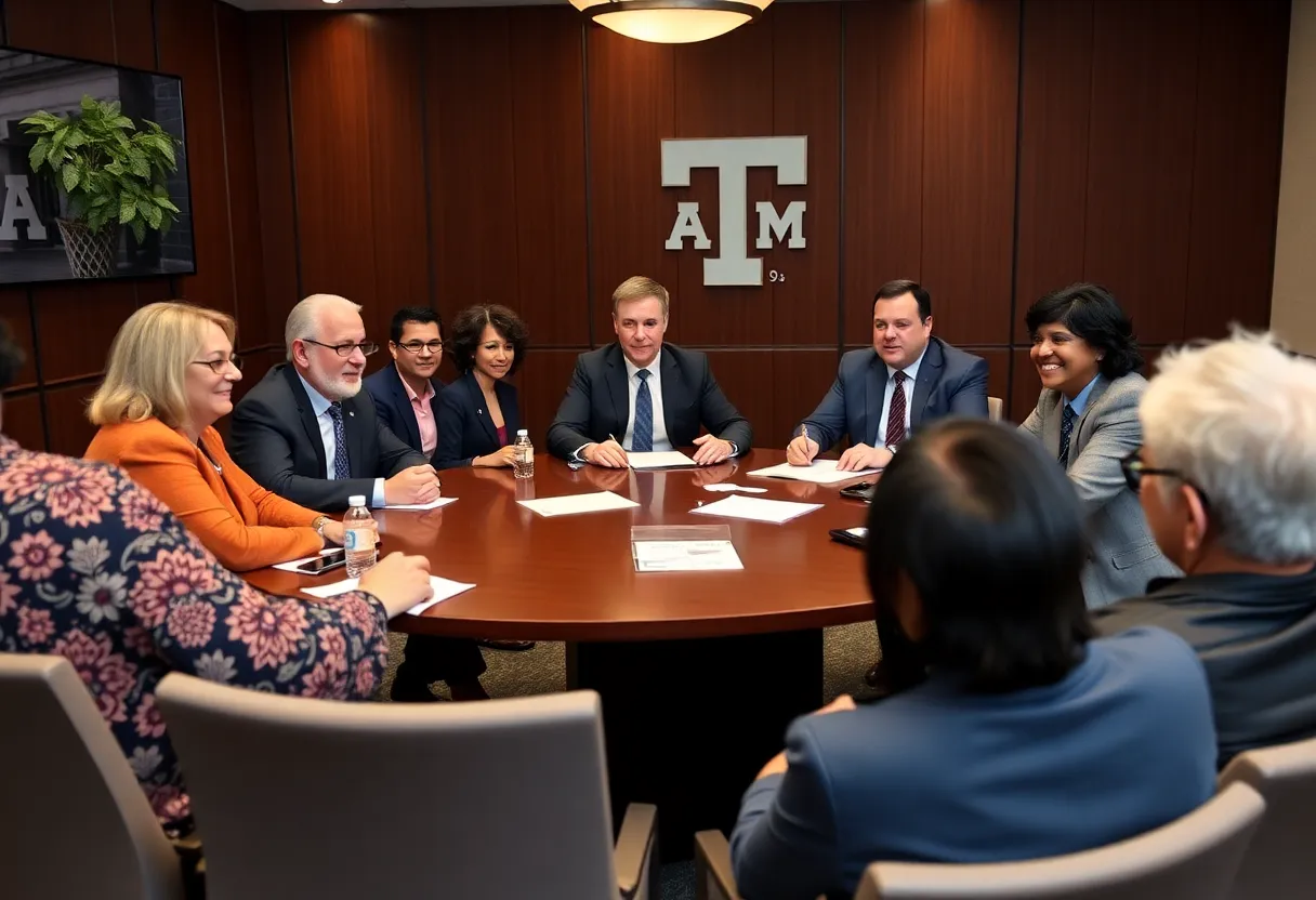 Board meeting at Texas A&M University with diverse members discussing policies.
