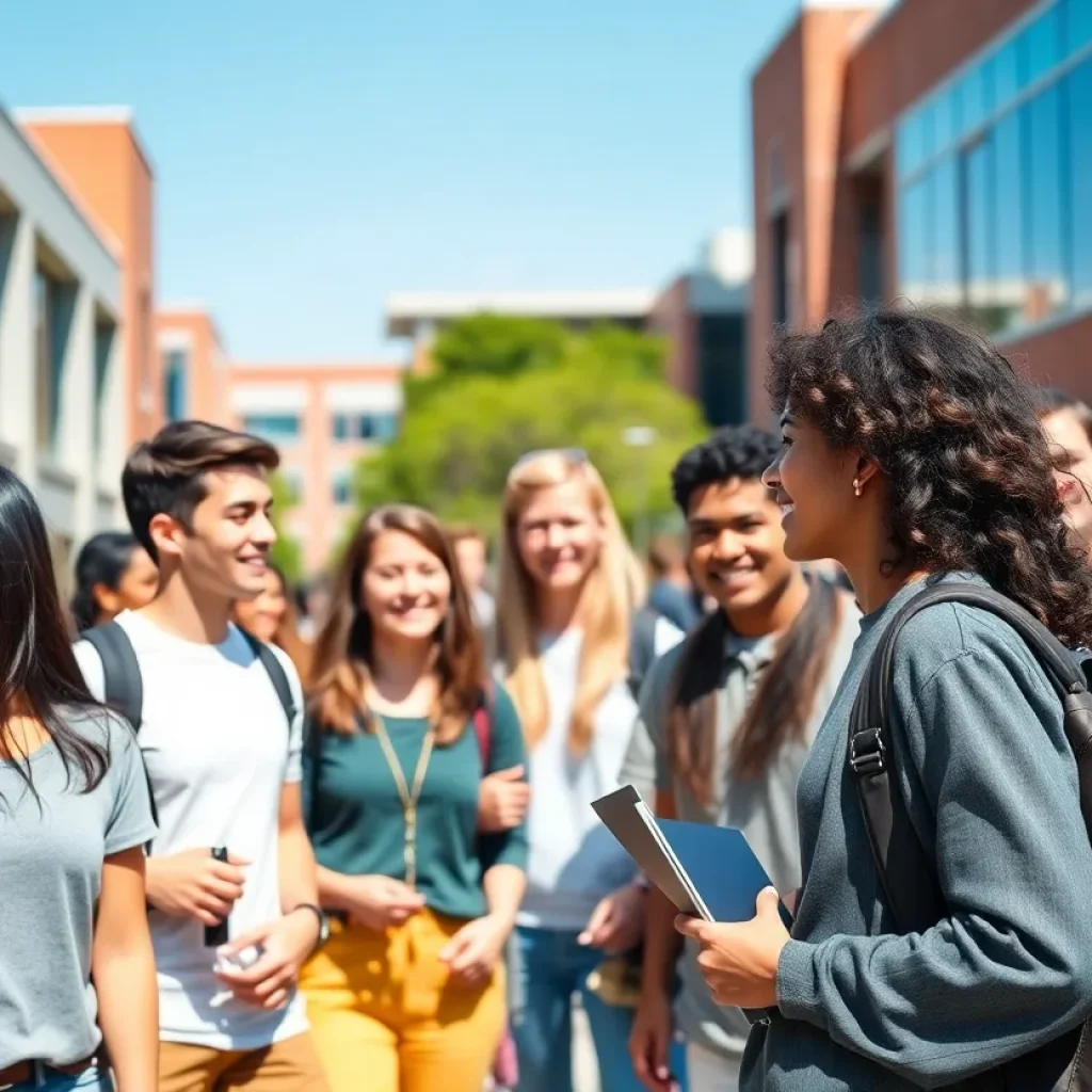 A bustling scene on the Texas A&M University campus with students.