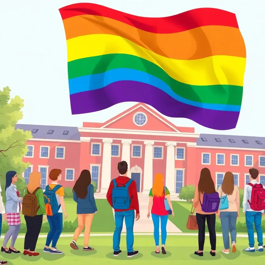 Students protesting against the Texas A&M drag ban with rainbow flags on campus