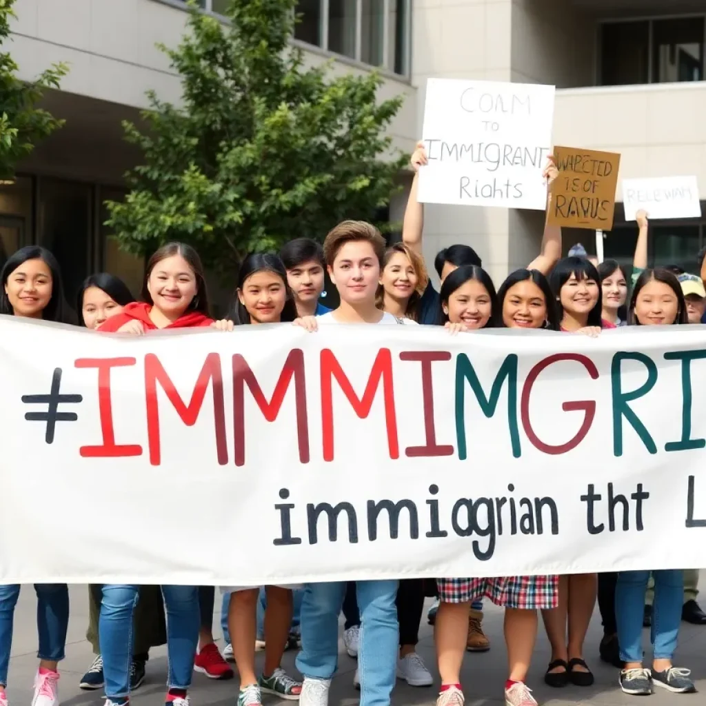 Students at Texas A&M University rally for immigrant rights in Rudder Plaza.