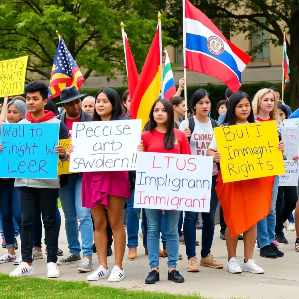 Students holding signs and flags at the Texas A&M immigration protest