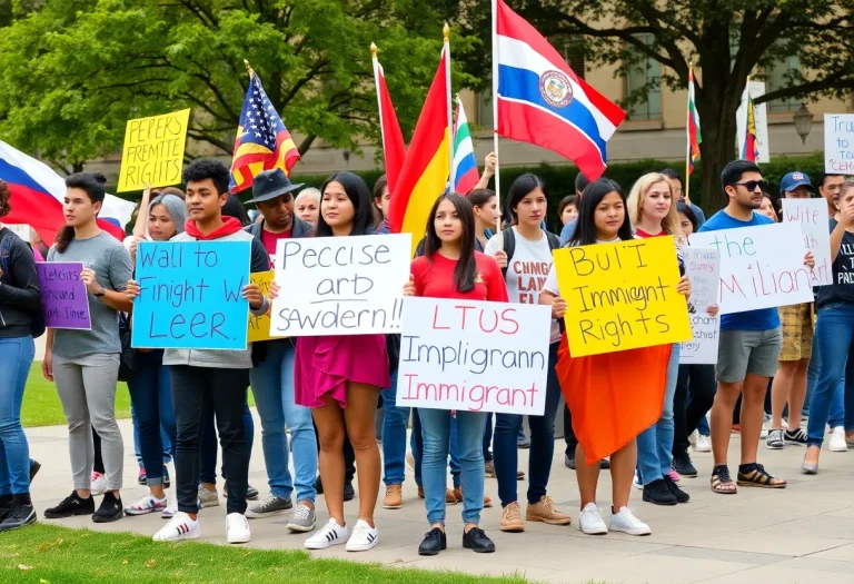 Students holding signs and flags at the Texas A&M immigration protest