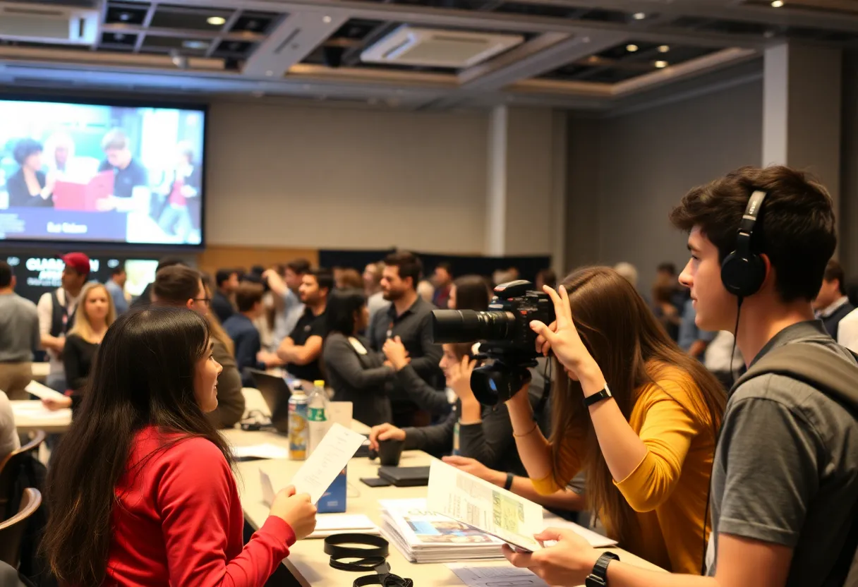 Students celebrating awards at Texas A&M media conference