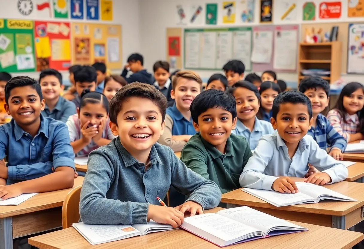 Students in a diverse classroom setting discussing educational choices.