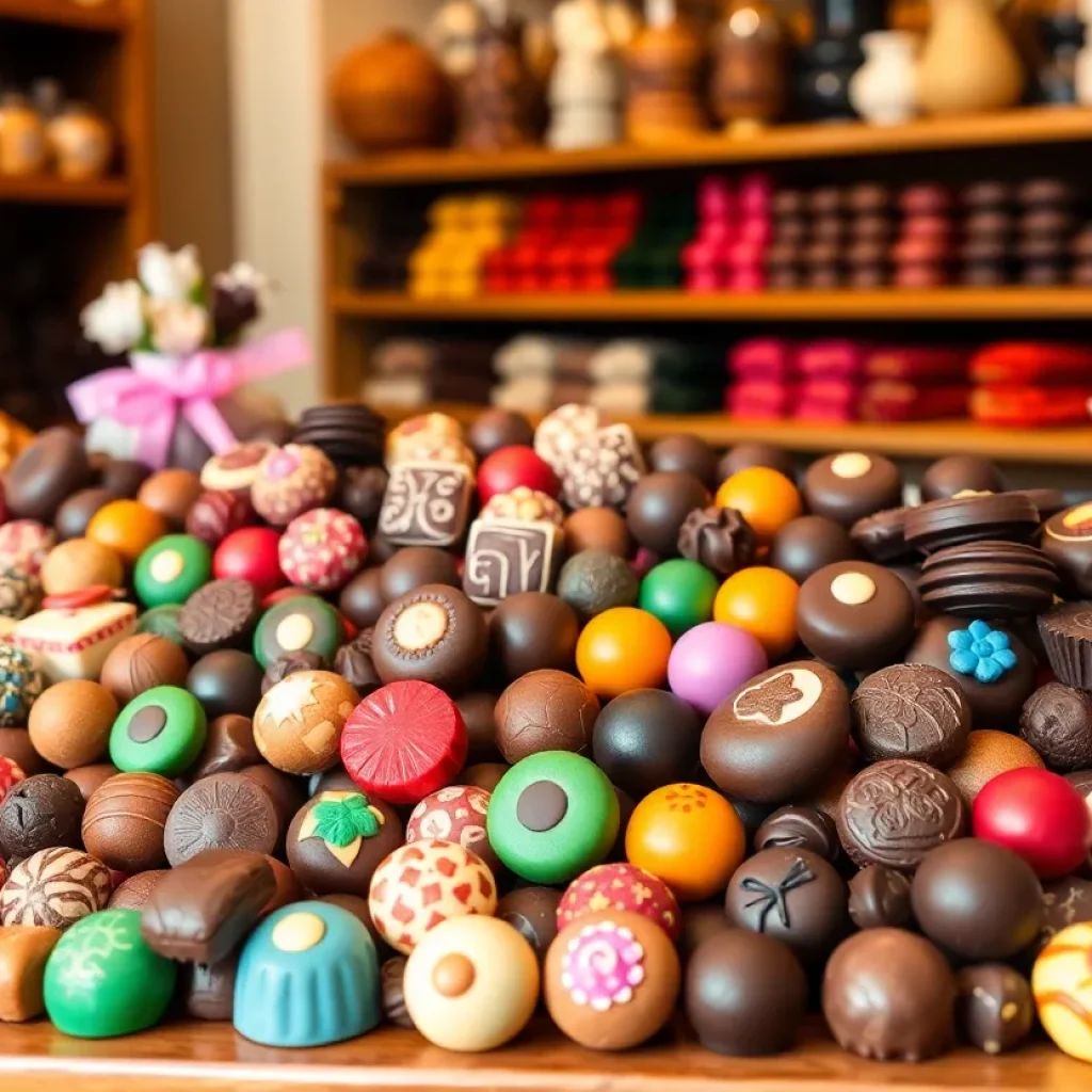 Assorted colorful artisanal chocolates in a shop display