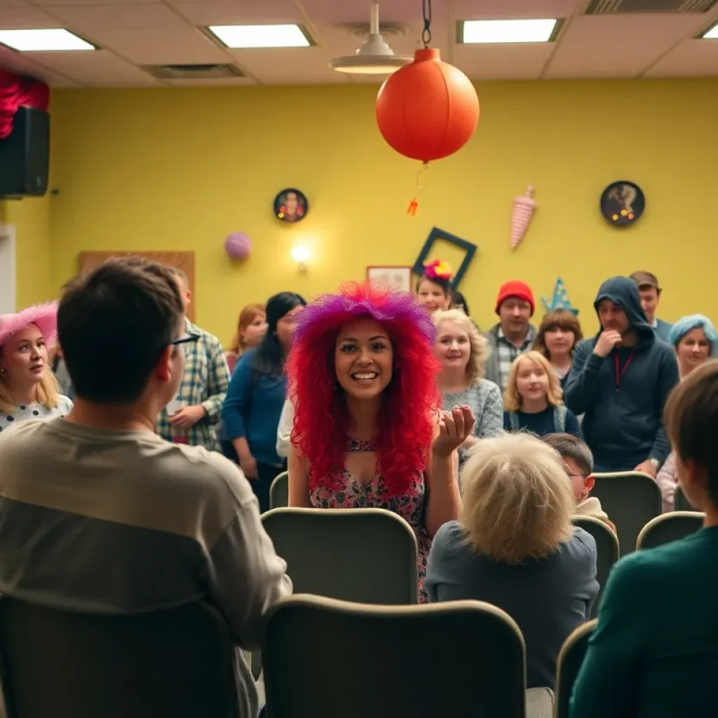 Actors auditioning in colorful costumes for a community theatre play