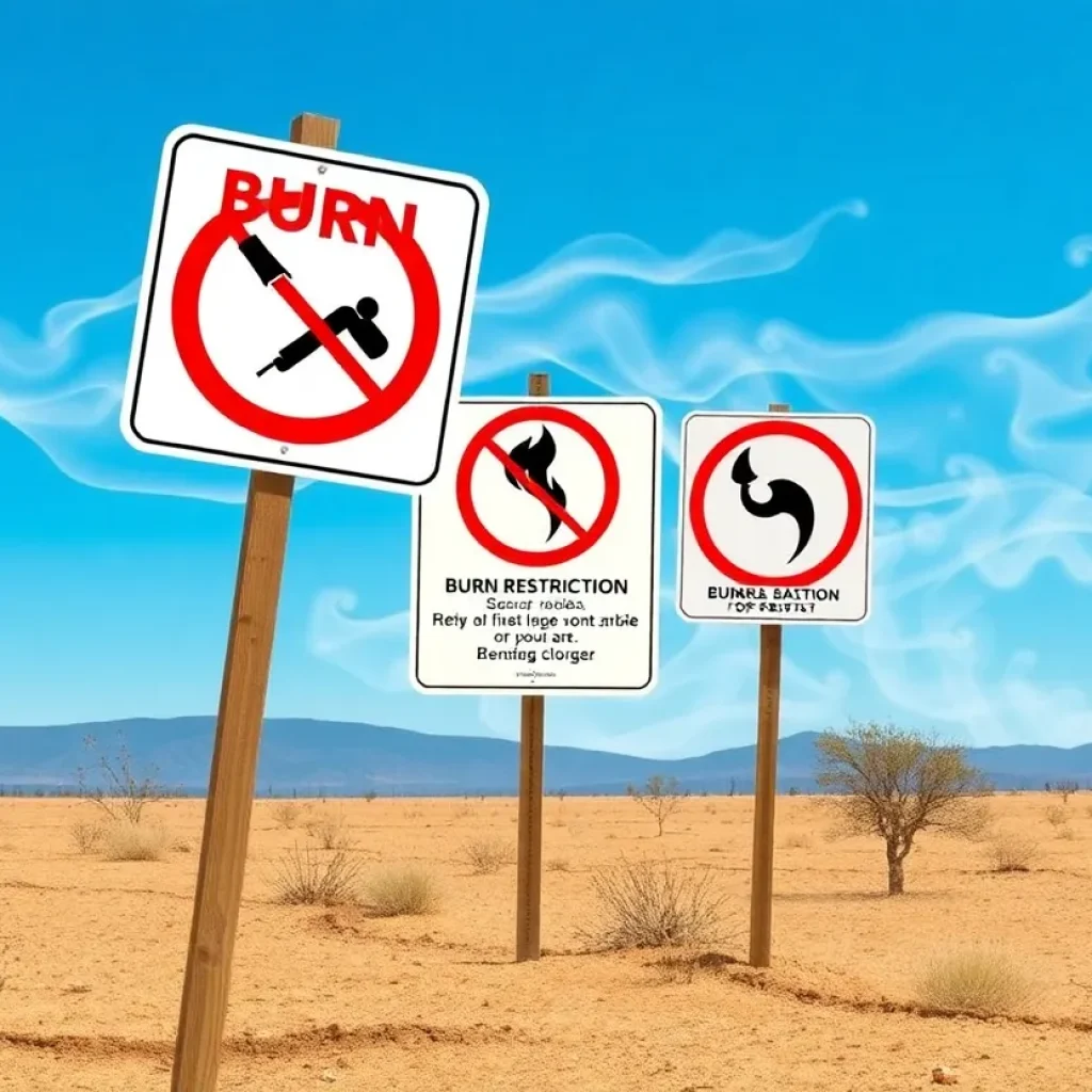 Dry landscape with signs for burn restrictions and a wildfire warning