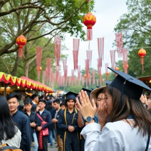 Students celebrating Aggie Ring Day with maroon rings and colorful marketplace at Texas A&M