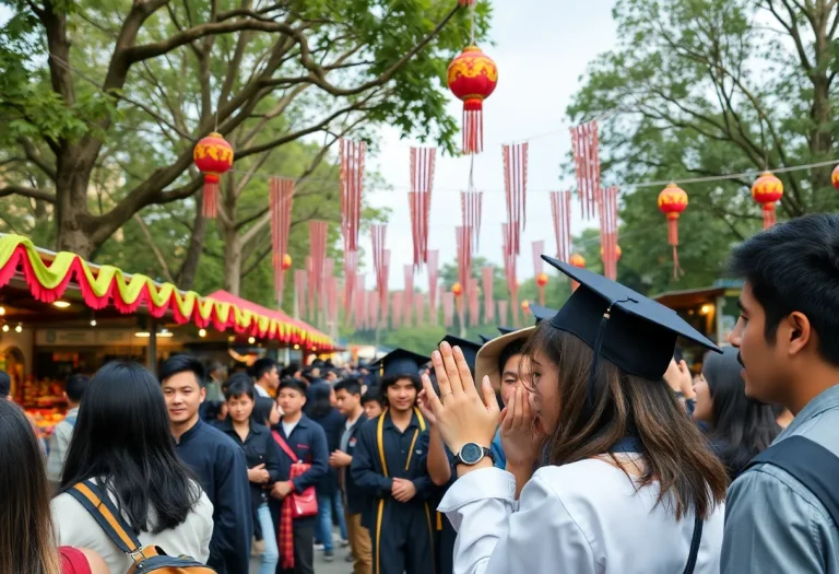 Students celebrating Aggie Ring Day with maroon rings and colorful marketplace at Texas A&M