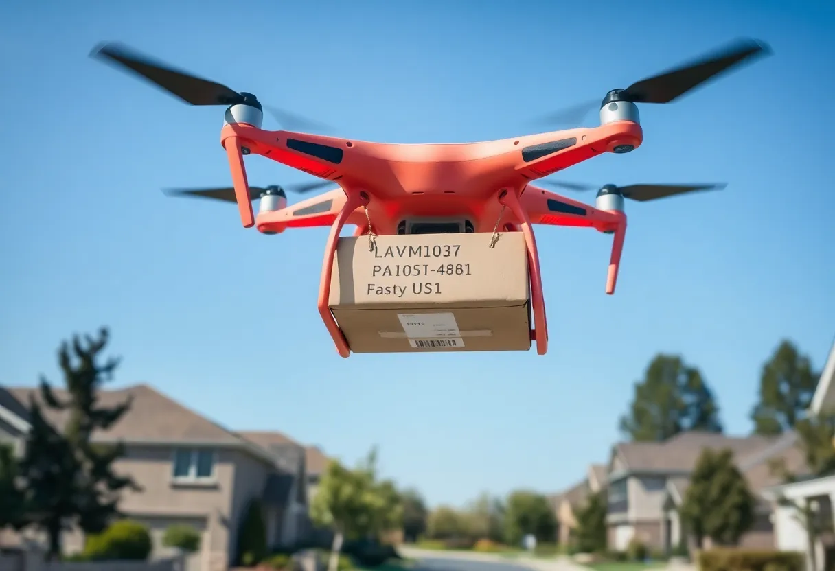 An Amazon drone delivering a package in a suburban area