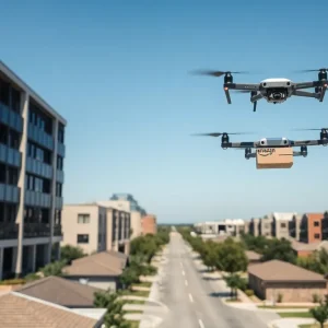 Amazon drones delivering packages in College Station, Texas.