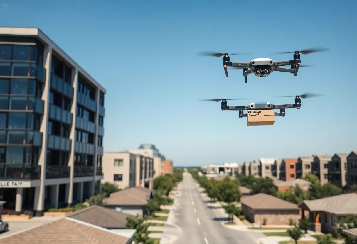 Amazon drones delivering packages in College Station, Texas.