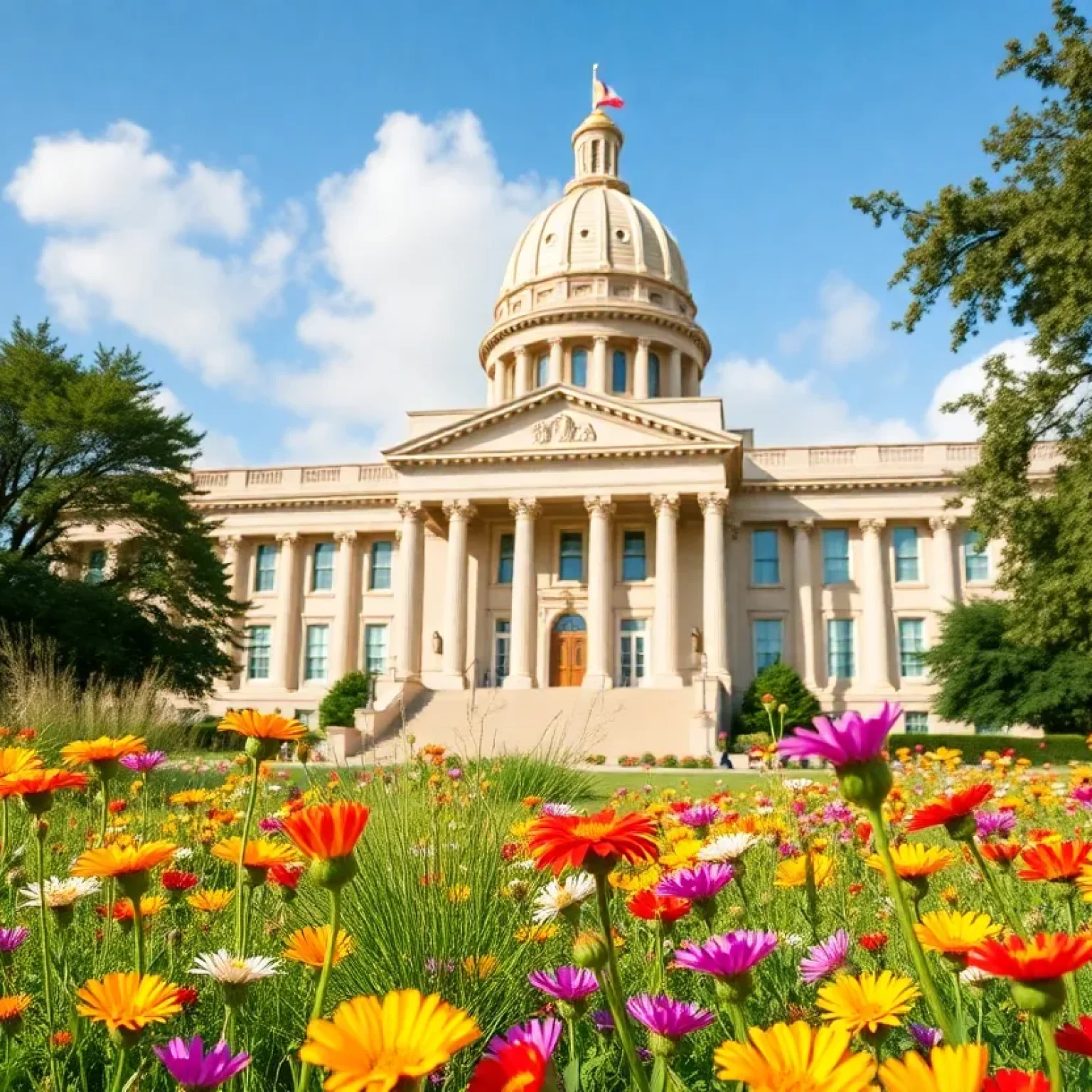 Legislative building in Texas with wildflowers