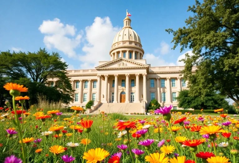 Legislative building in Texas with wildflowers