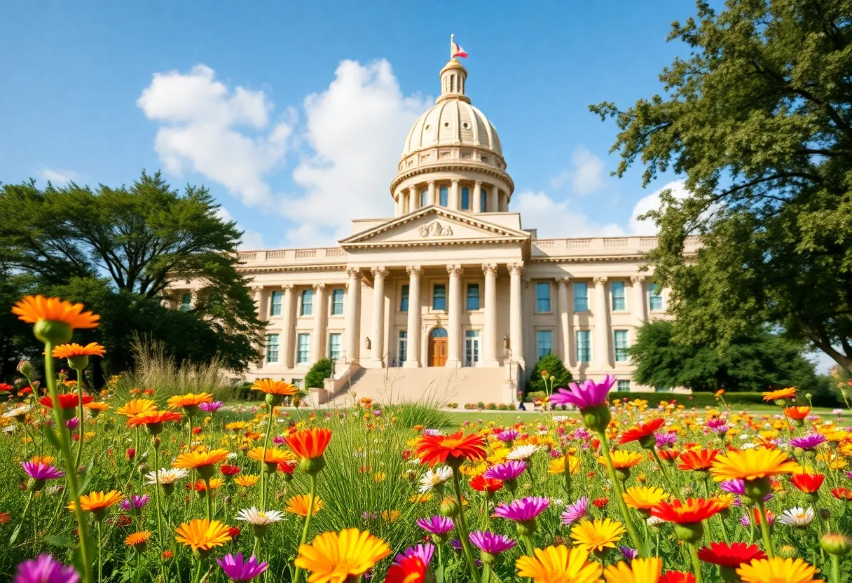 Legislative building in Texas with wildflowers