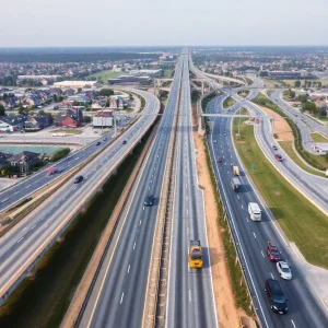 Aerial view of State Highway 6 expansion project in Brazos County