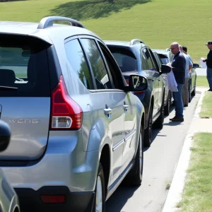 Community members participating in the Brazos Valley Community Shred Day event with cars and shredding equipment.