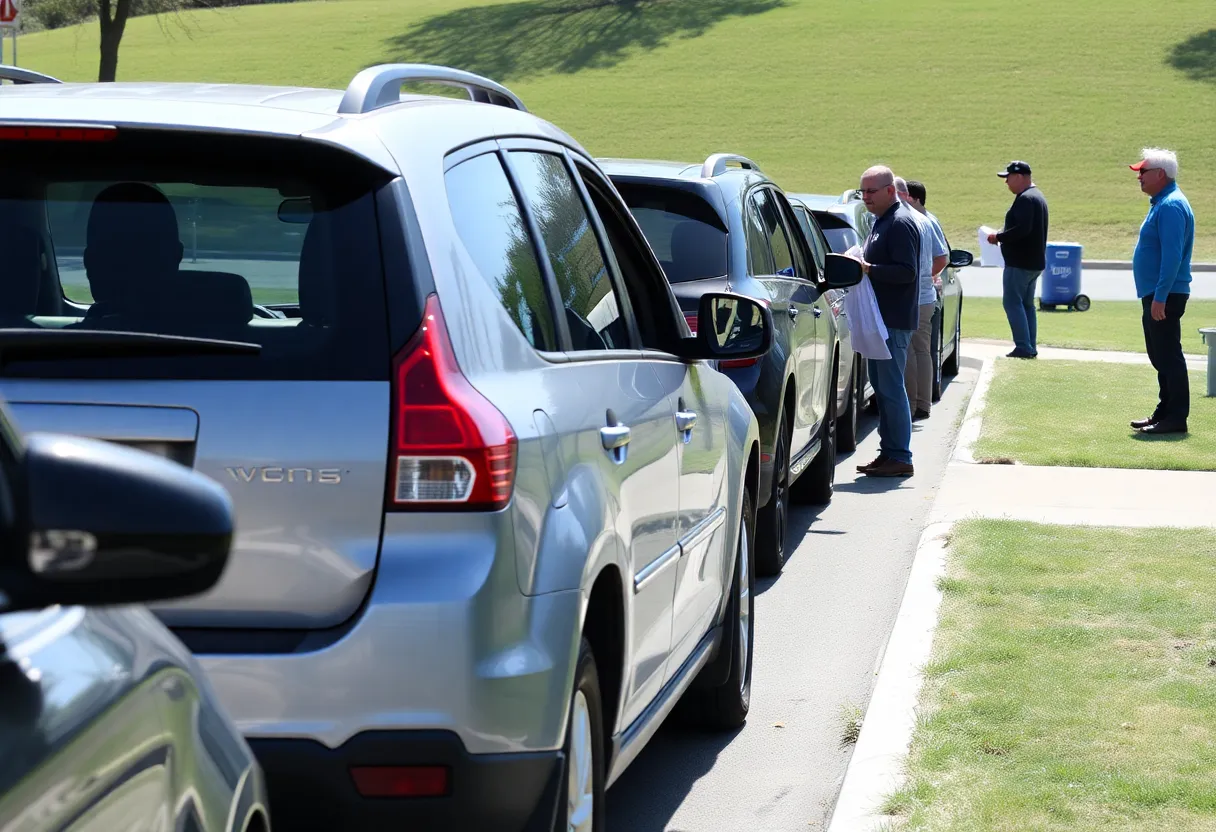 Community members participating in the Brazos Valley Community Shred Day event with cars and shredding equipment.
