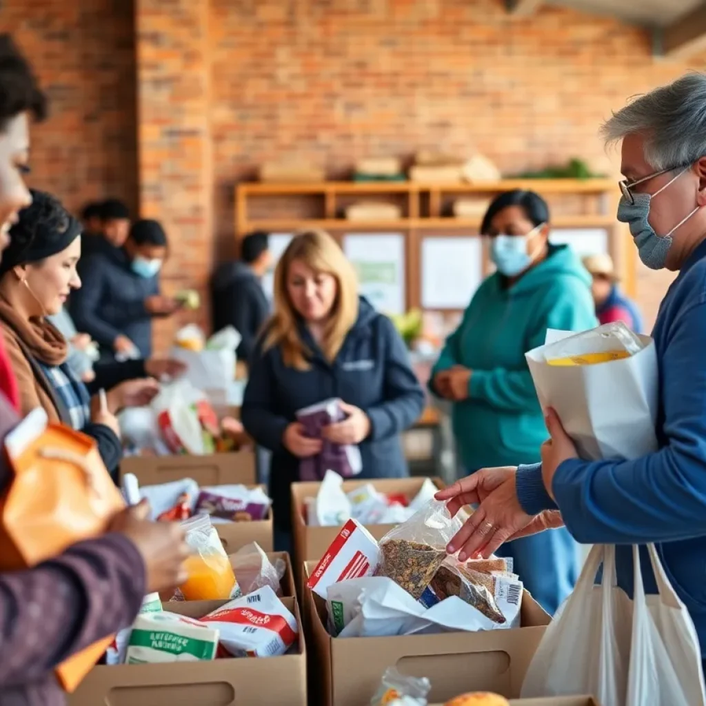 Volunteers at Brazos Valley food bank distributing food to families.