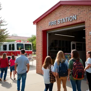 Community scene in Bryan, Texas, with a fire station and students