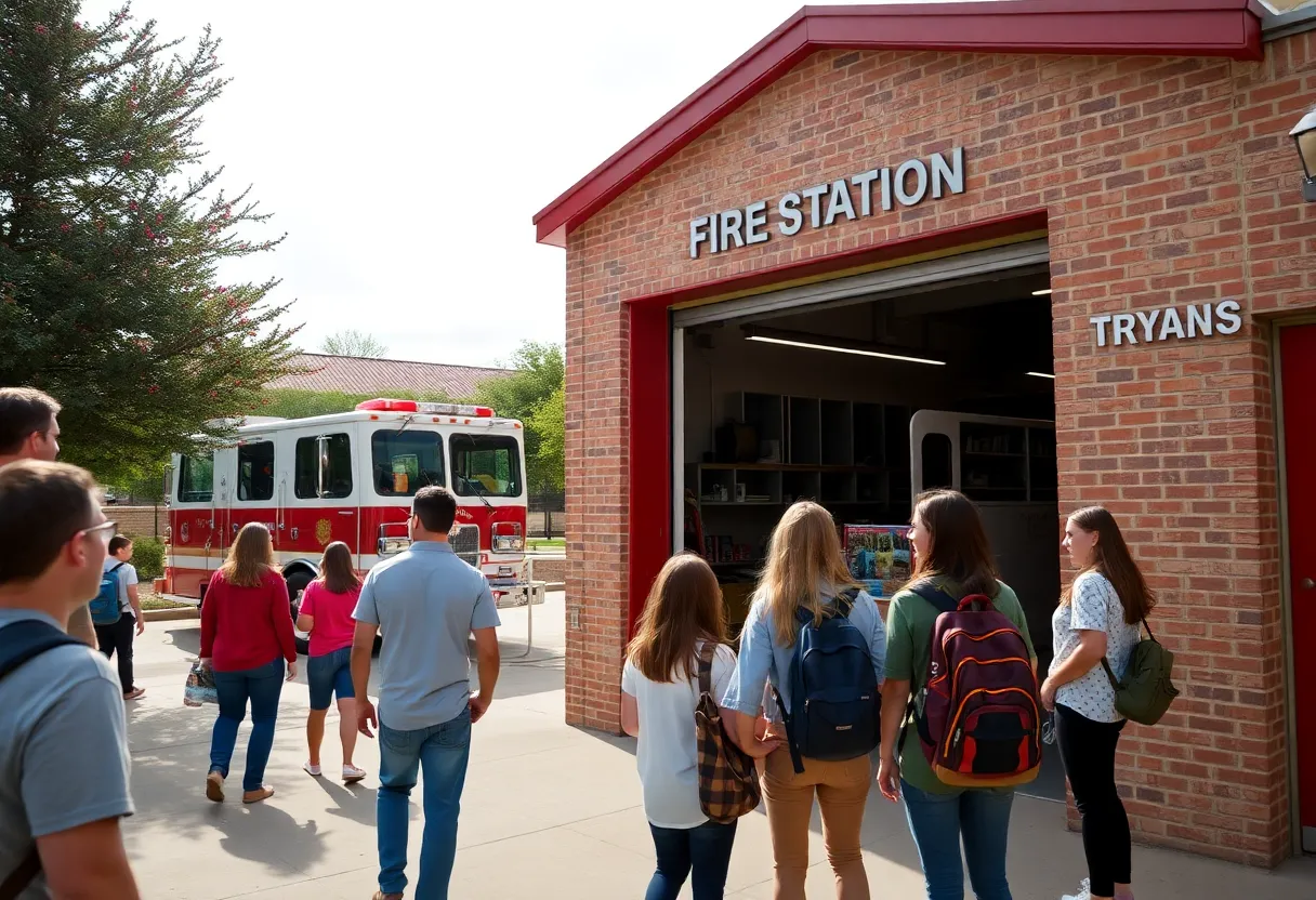 Community scene in Bryan, Texas, with a fire station and students