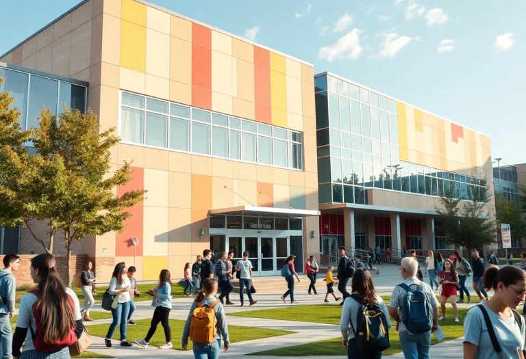 Modern campus of Bryan High School filled with students.