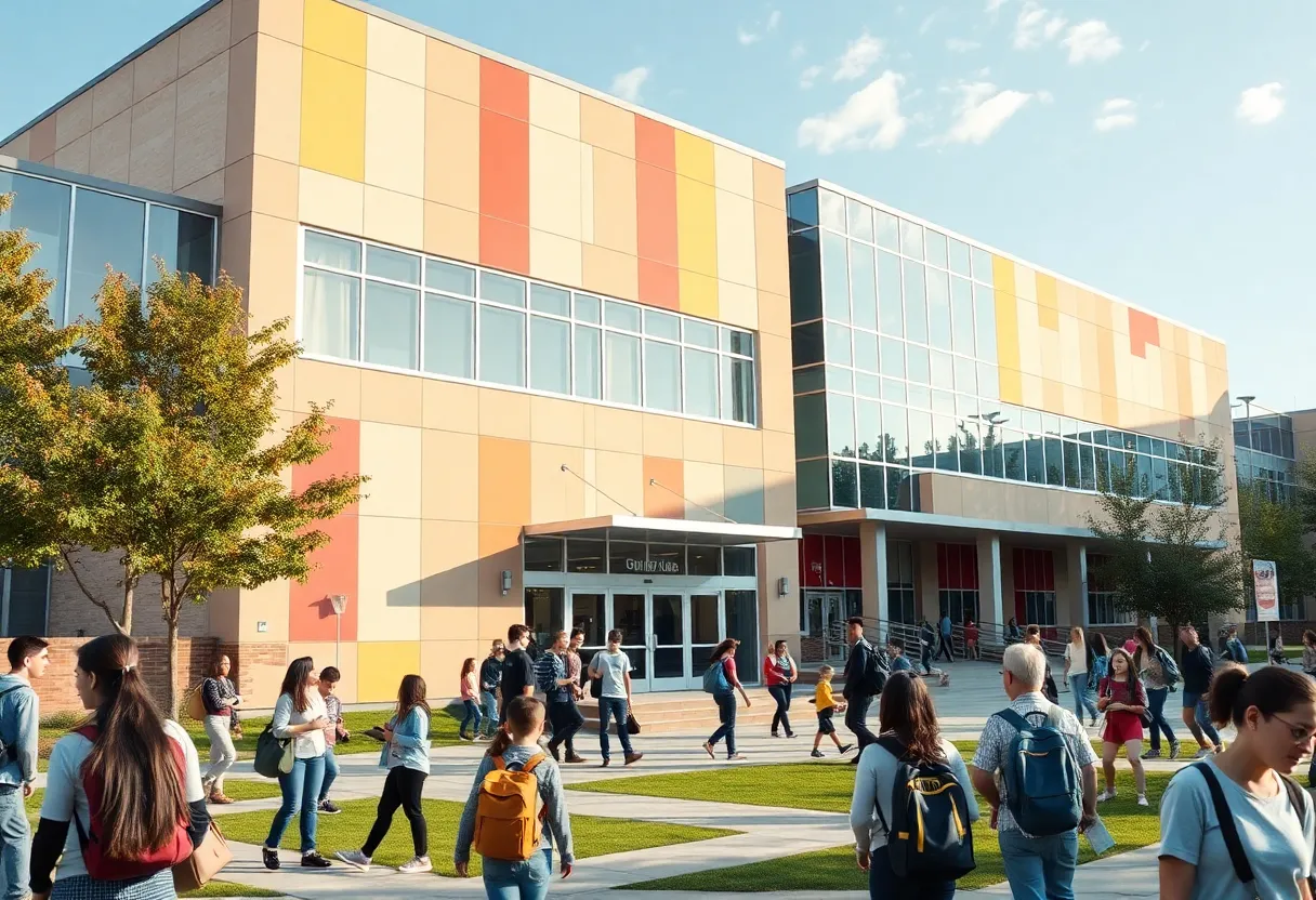 Modern campus of Bryan High School filled with students.