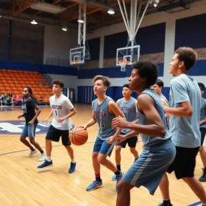 Students practicing basketball at College Station High School gym.