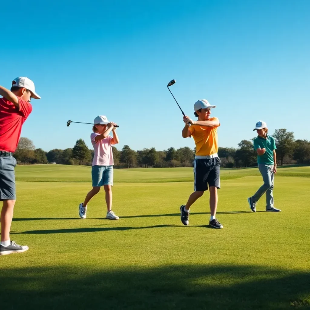 Junior golfers practicing on a golf course