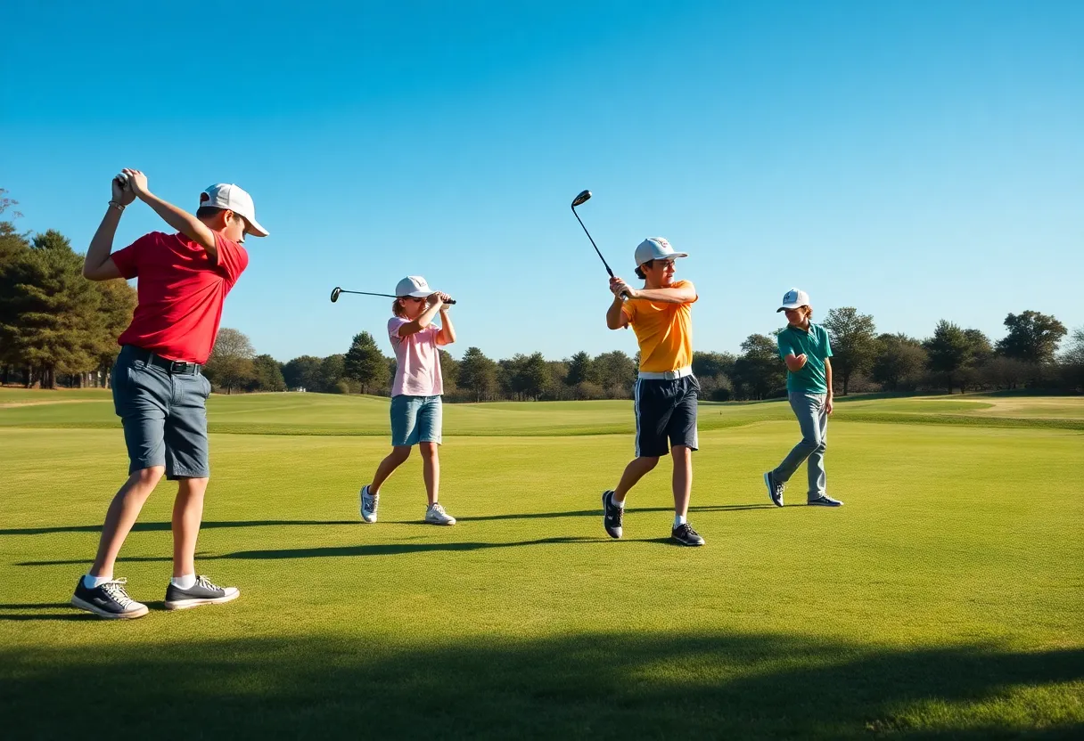 Junior golfers practicing on a golf course