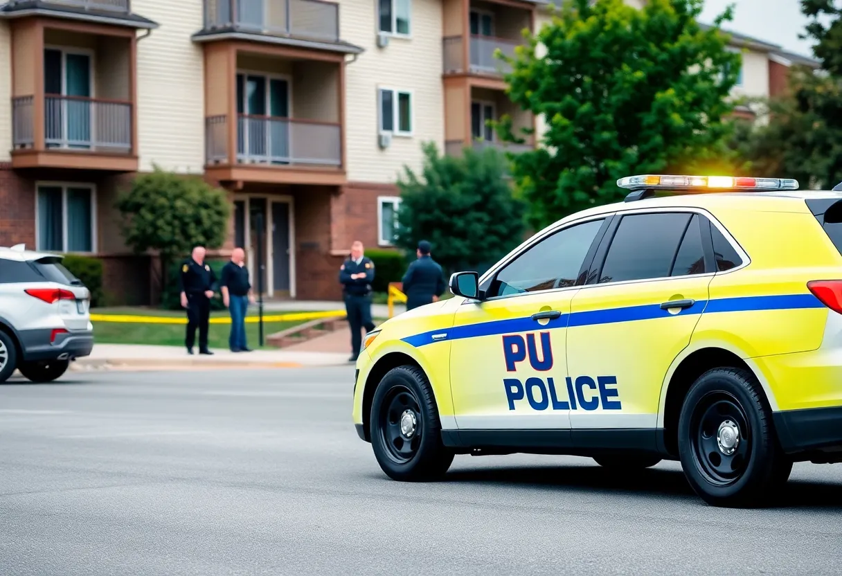 Police officers outside an apartment complex responding to a hostage situation